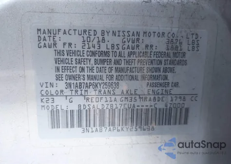 2019 Nissan Sentra Sv from USA, damaged, VIN 3N1AB7AP6KY259638